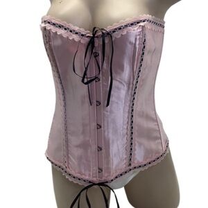 Pink/Black Satin Size Large Vintage Corset W/Lace & Ribbon Adjustable Closure.